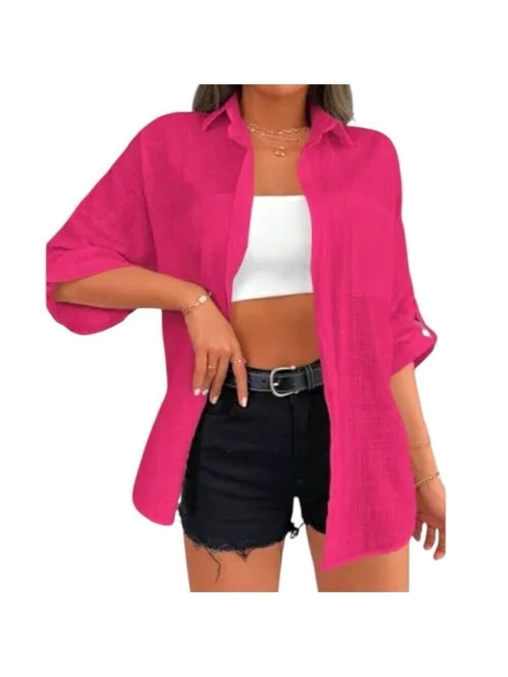 MANGO Long sleeve button down linen blend bright pink shirt Sz 10 oversized